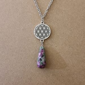 Silver Mandela Ruby in Zoisite Teardrop Pendant Necklace Yoga Boho Bohemian